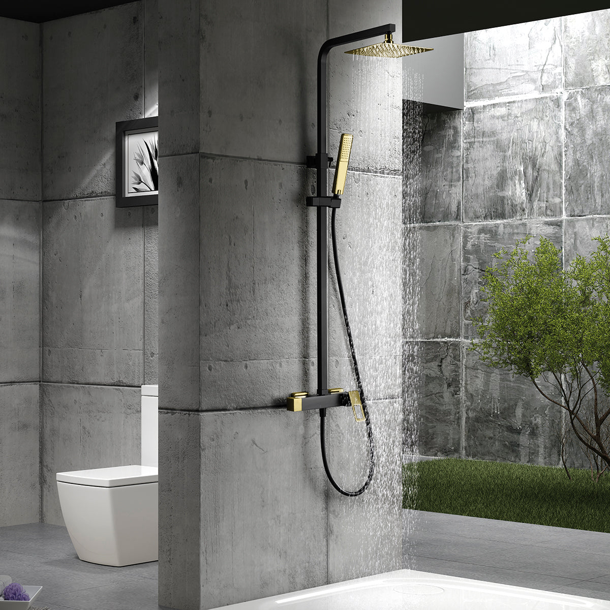 Colonne de douche IMEX Suecia Noir et or brillant en ambiance