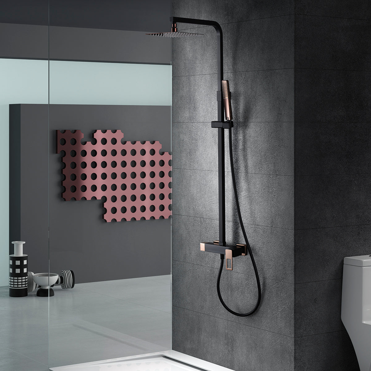 Colonne de douche IMEX Suecia Noir et or rose brillant en ambiance
