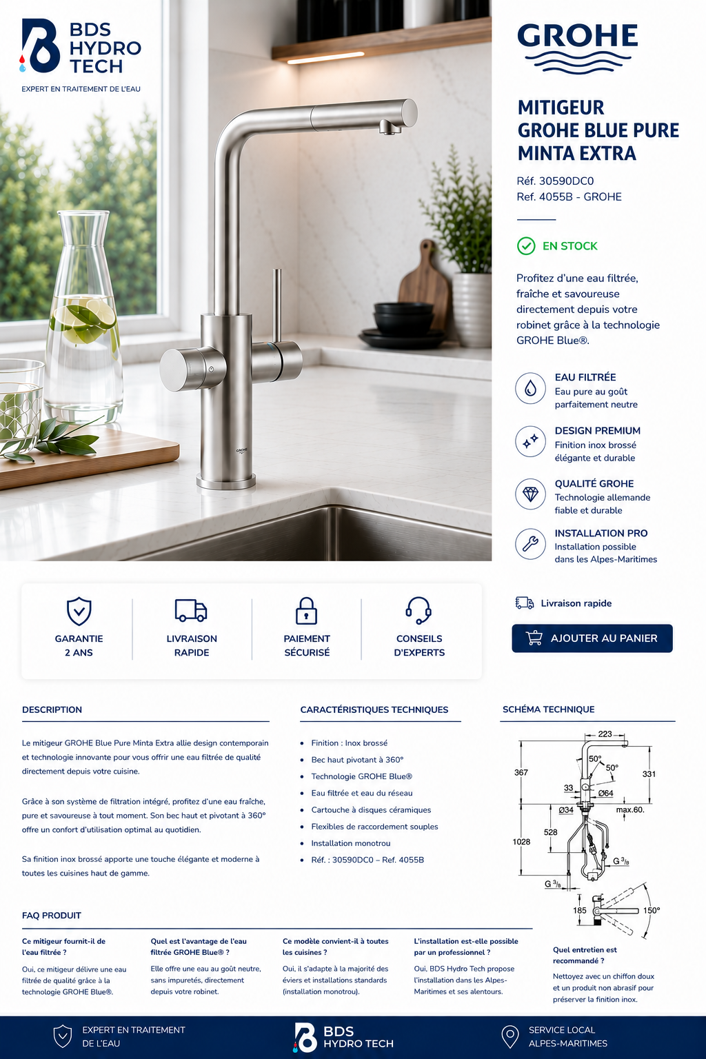 GROHE Blue Pure Minta Extra – Mitigeur Évier Inox Brossé avec Filtration