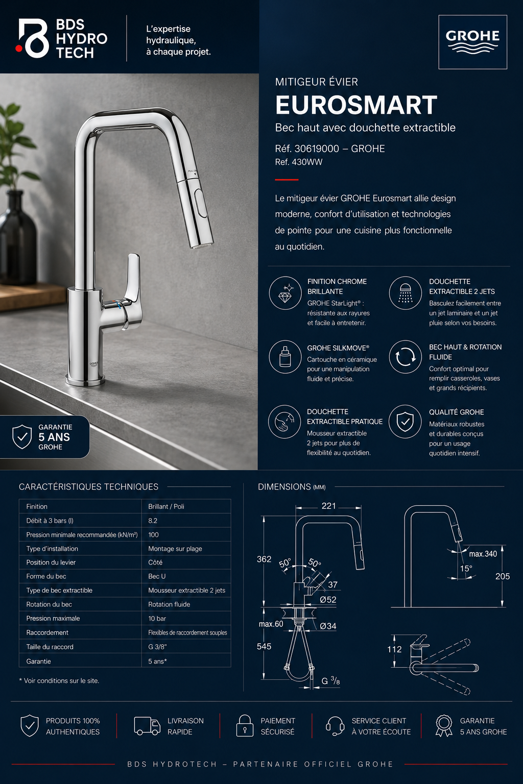 Fiche technique du robinet GROHE Eurosmart, bec haut, douchette extractible, finition brillante, débit 8,2 l/min, garantie 5 ans.
