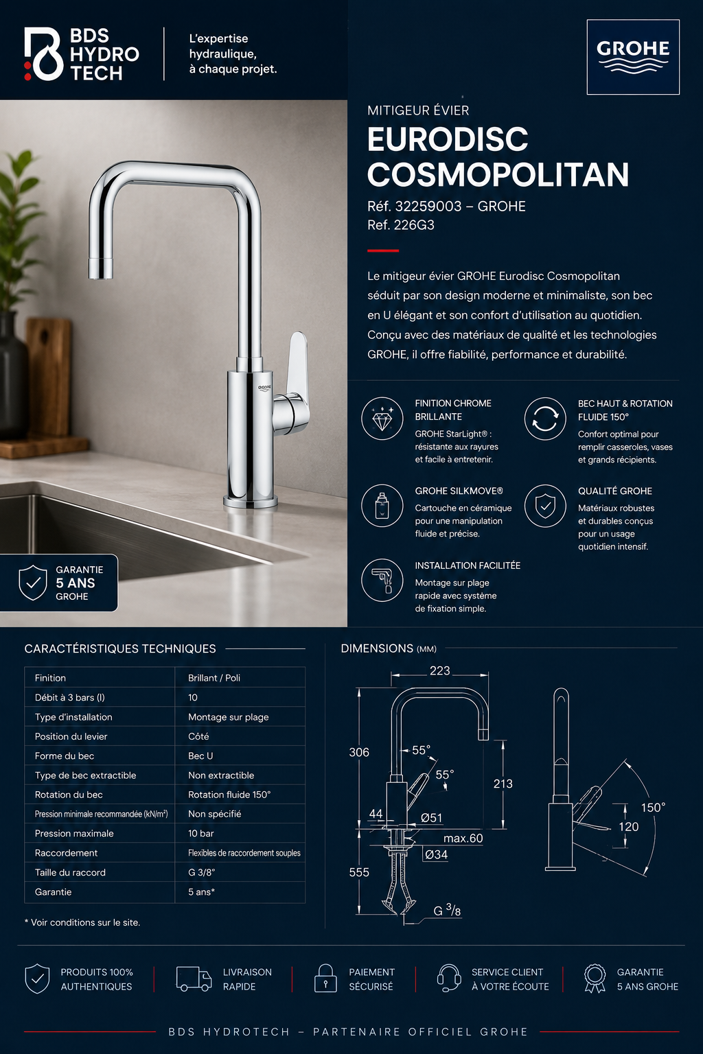 Fiche produit du mitigeur évier GROHE Eurodisc Cosmopolitan, finition chrome brillante, design minimaliste, installation facile