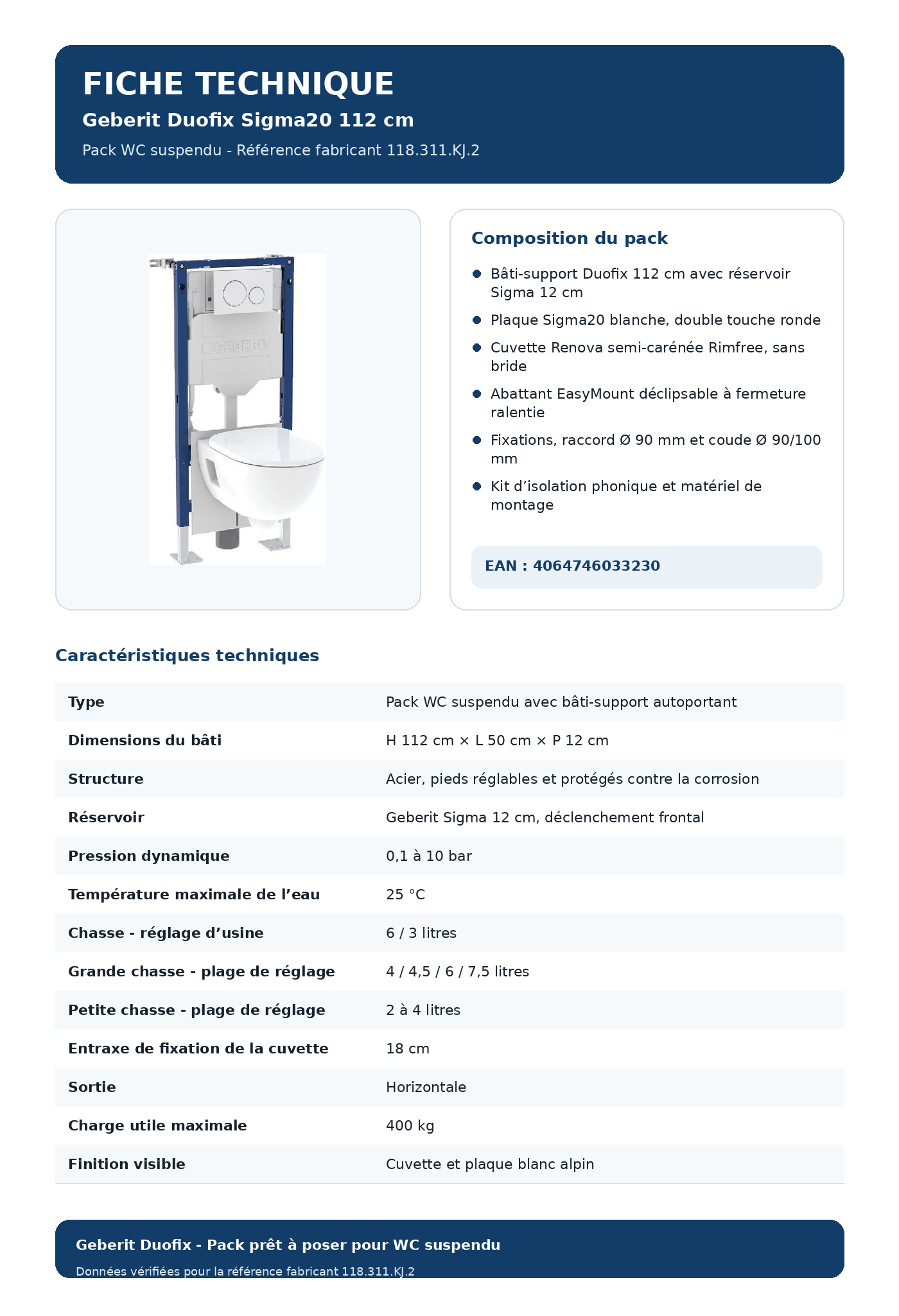 Fiche technique du pack WC suspendu Geberit Duofix Sigma20 112 cm référence 118.311.KJ.2