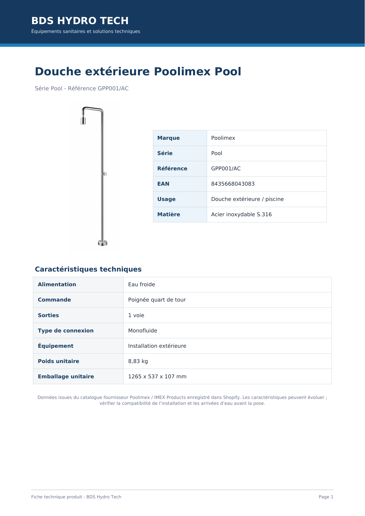 Fiche technique douche extérieure Poolimex Pool GPP001 AC
