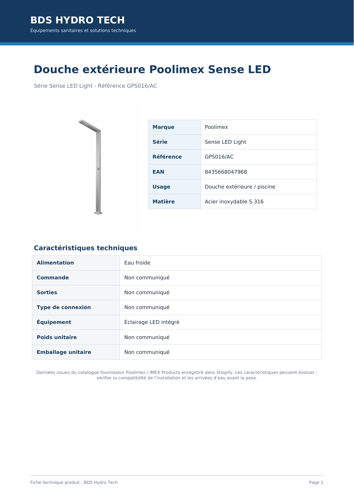 Fiche technique Poolimex Sense LED GPS016/AC