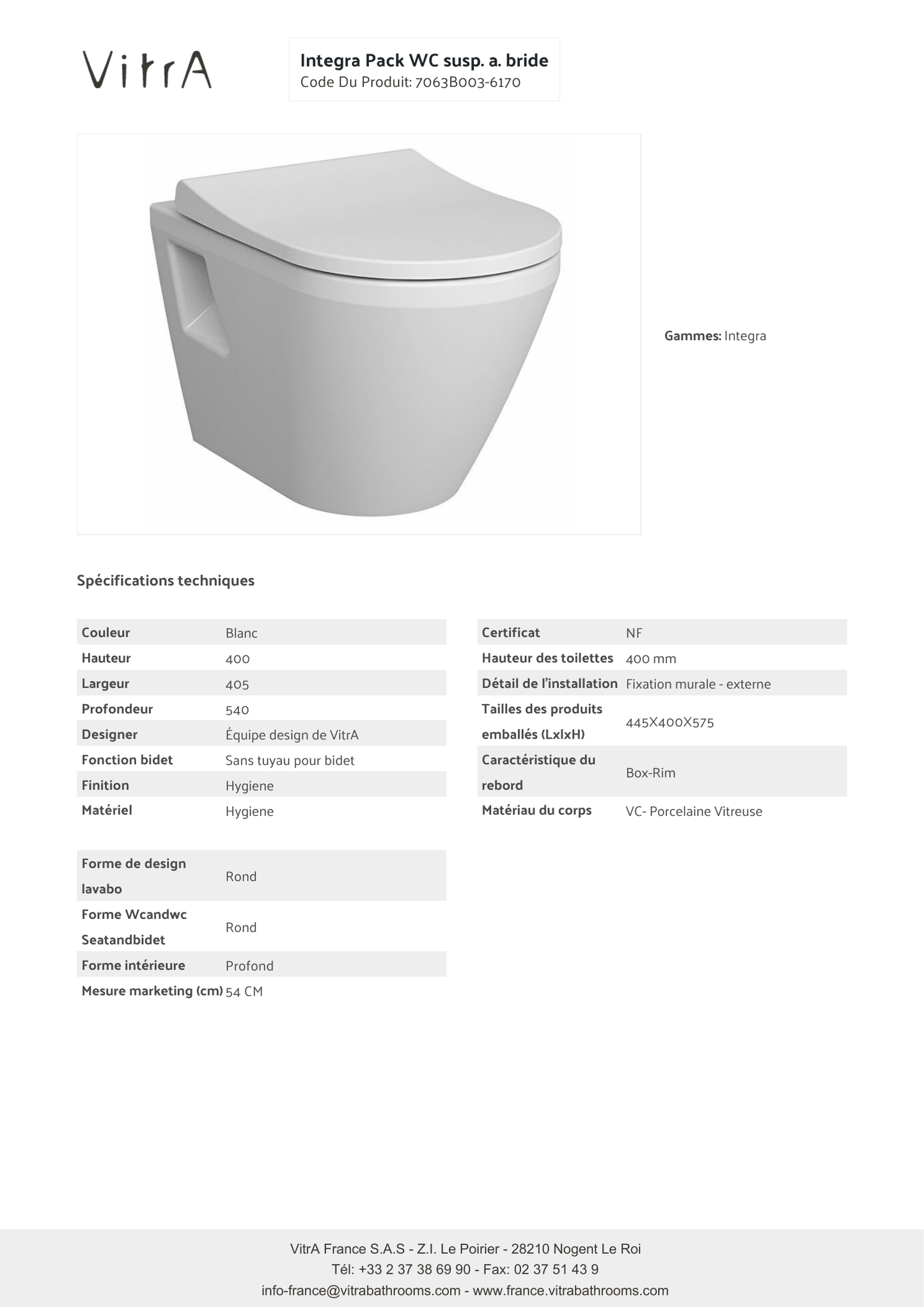 Fiche technique VitrA Integra Pack WC suspendu avec bride 54 cm 7063B003-6170