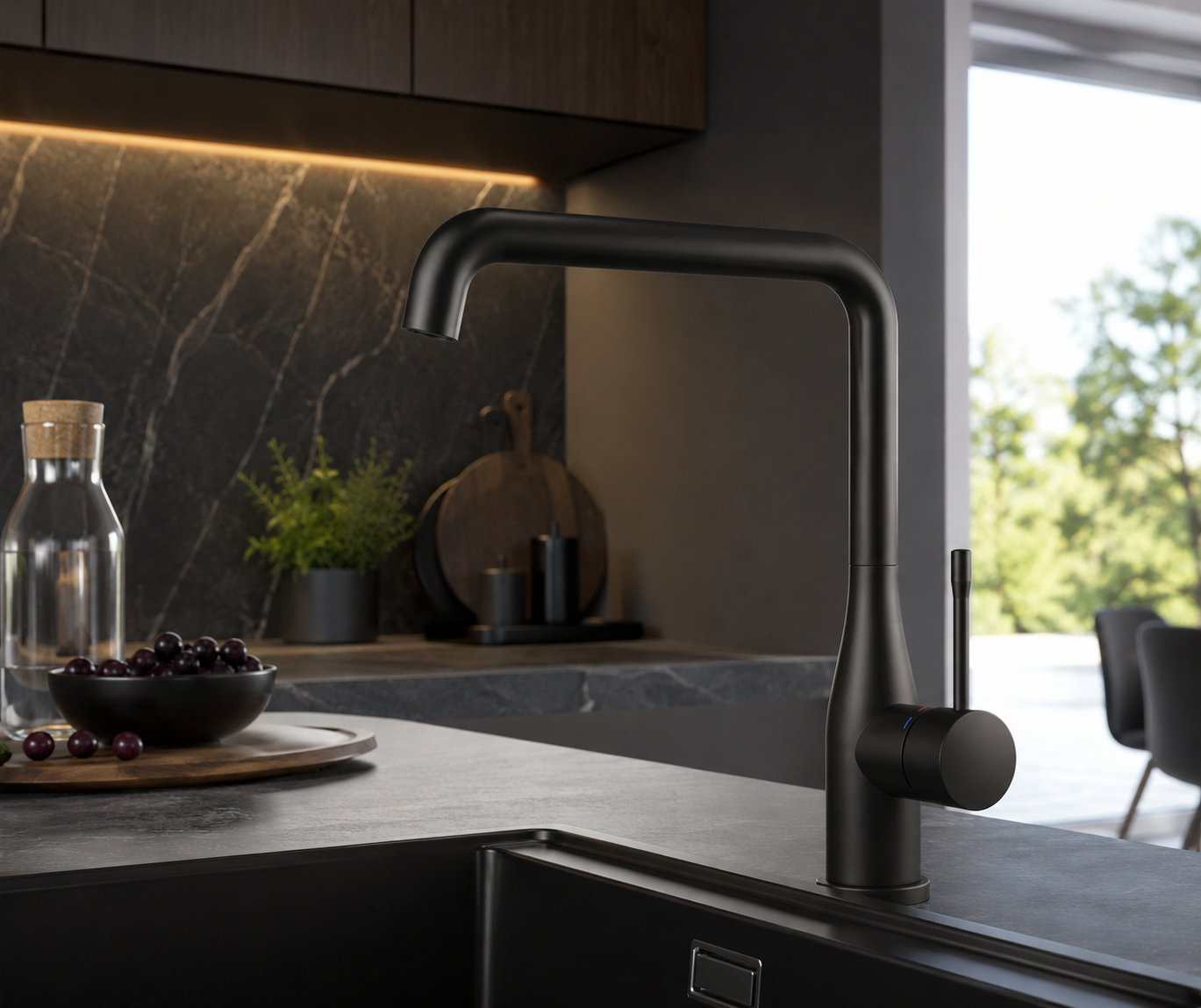 Robinet de cuisine GROHE Essence monocommande en finition graphite brossé, avec levier latéral, installé sur évier noir dans cuisine moderne