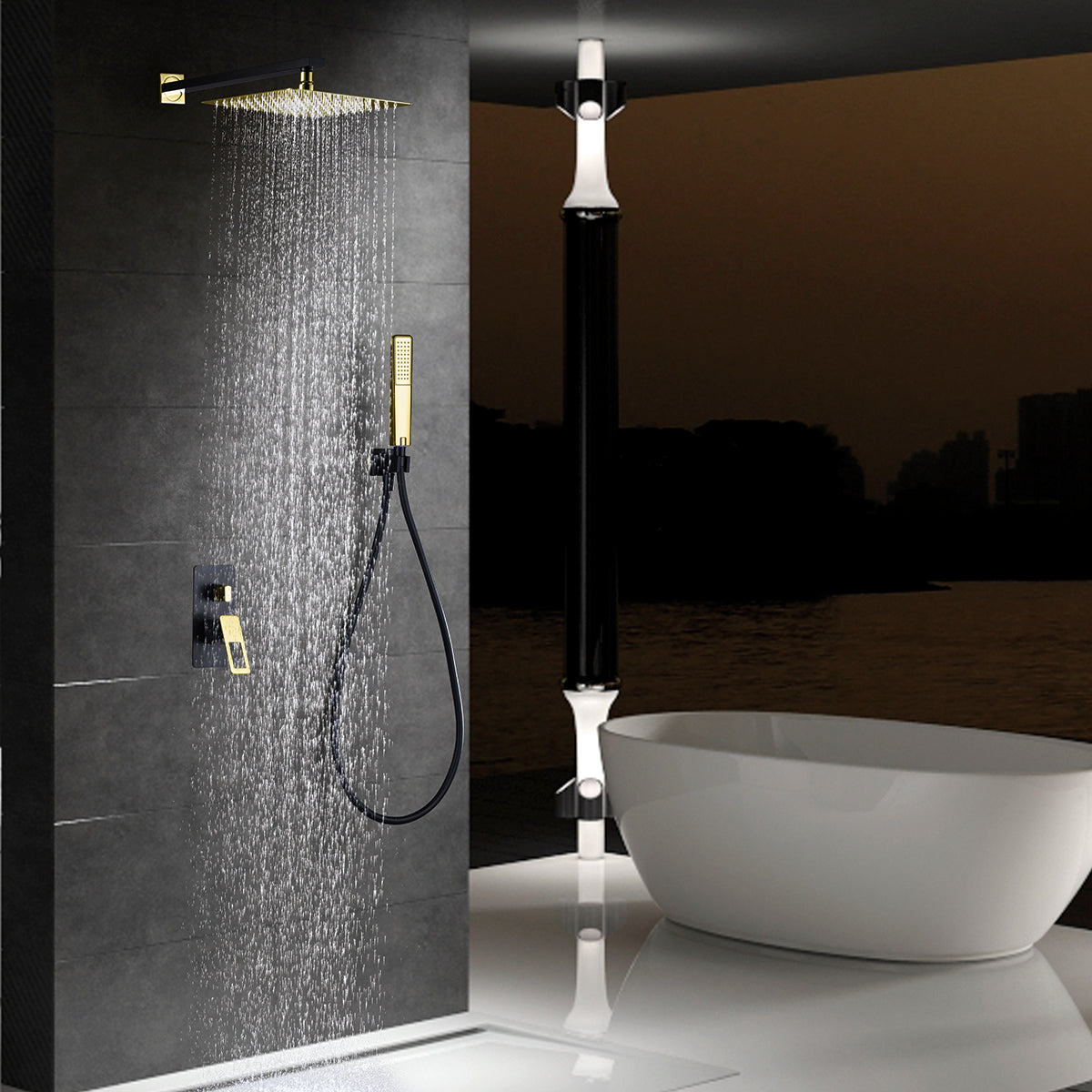 Photo d'ambiance ensemble de douche encastré IMEX Suecia finition noir mat et or brillant - BDC032-6NGOLD