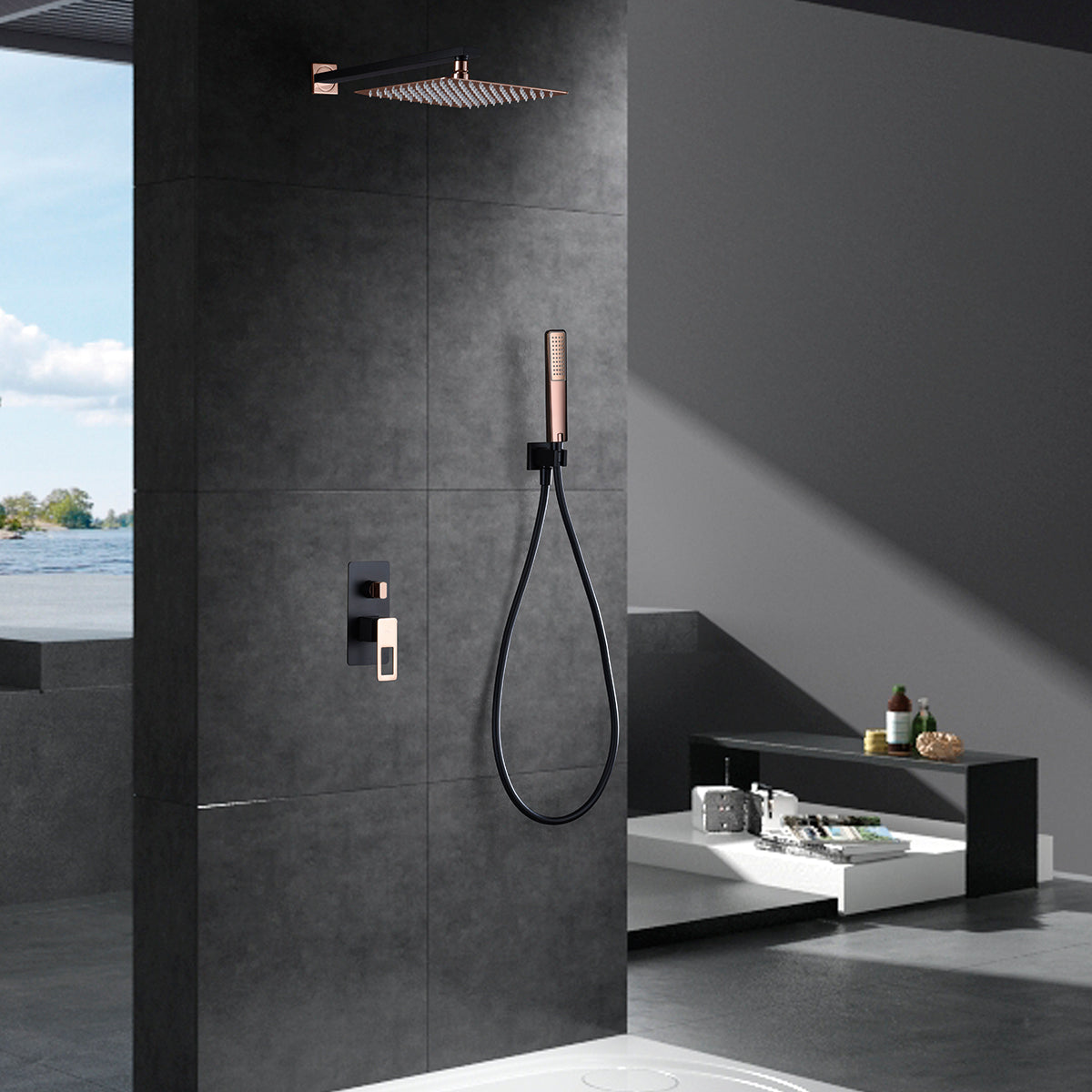 Photo d'ambiance ensemble de douche encastré IMEX Suecia finition noir mat et or rose - BDC032-6NOR