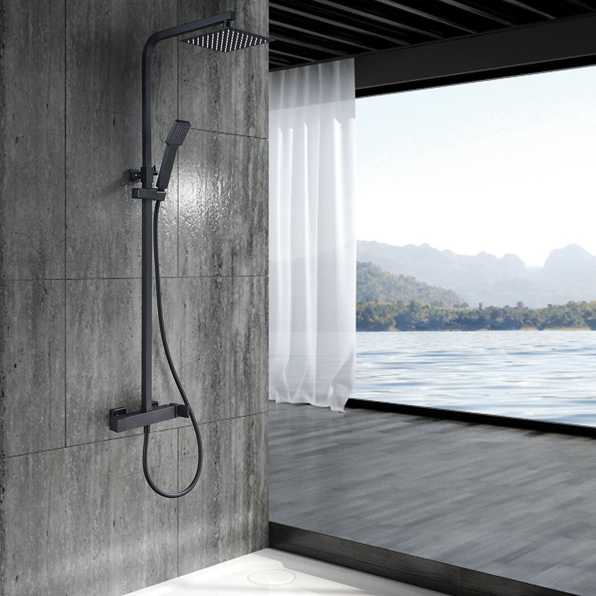 Colonne de douche IMEX Fiyi finition noir mat en ambiance - BDF016/NG