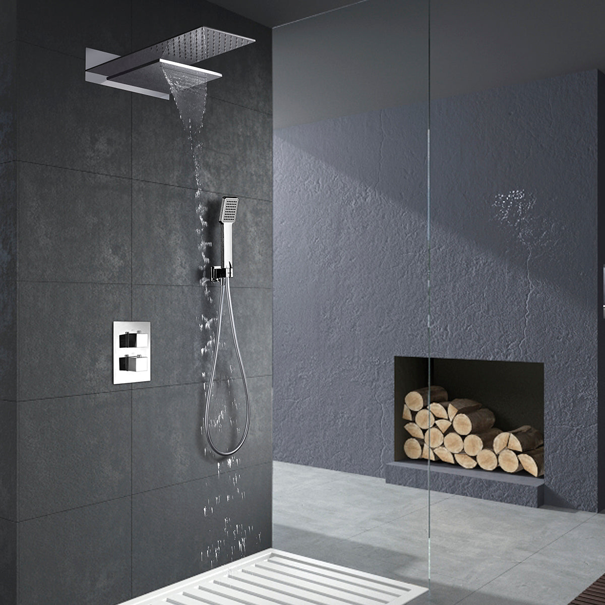 Ensemble de douche encastré thermostatique IMEX Rodas avec fonction cascade en situation