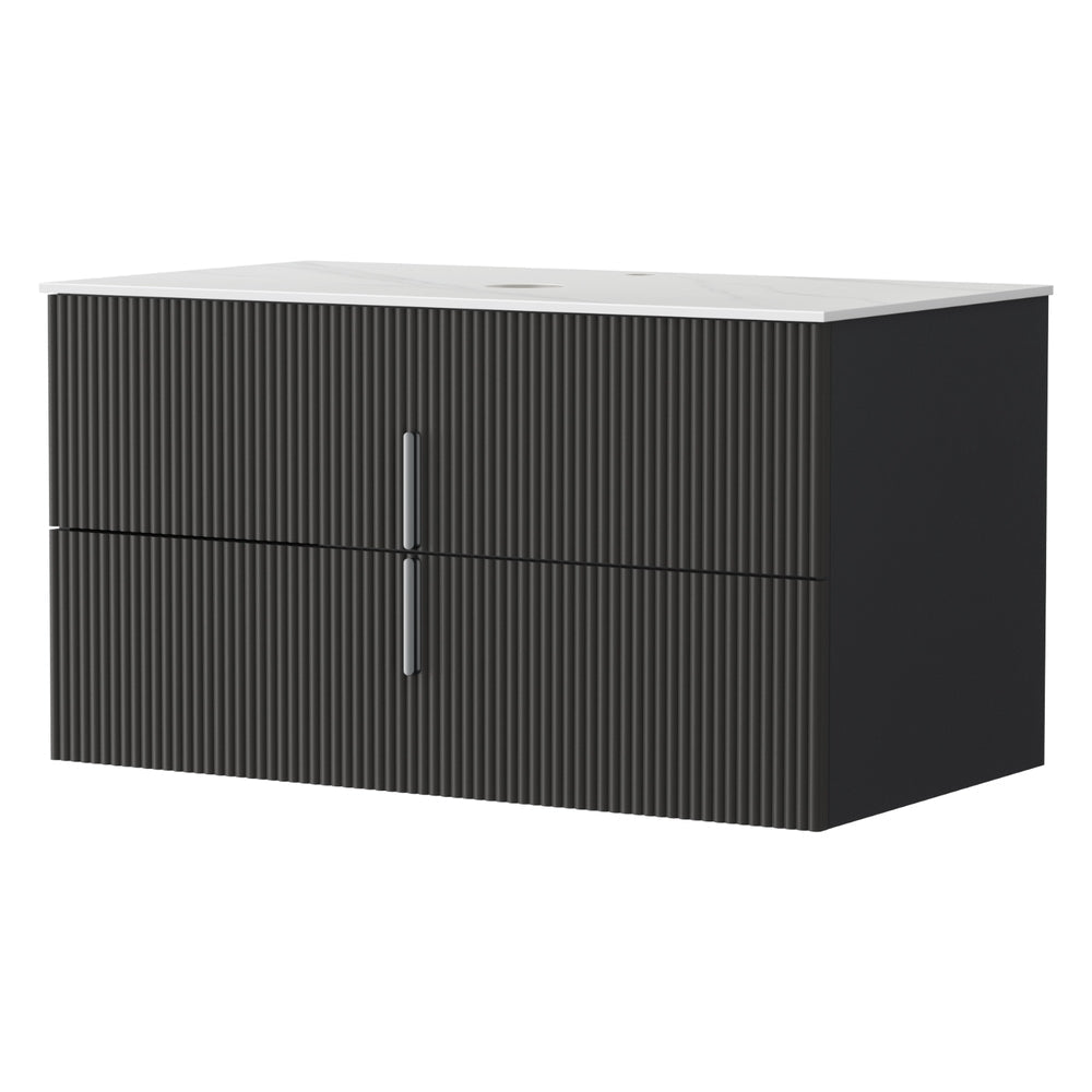 Meuble de salle de bain suspendu 90 cm – Noir et bois