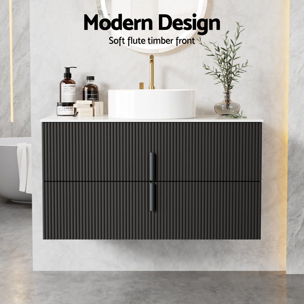 Meuble de salle de bain suspendu 90 cm – Noir et bois