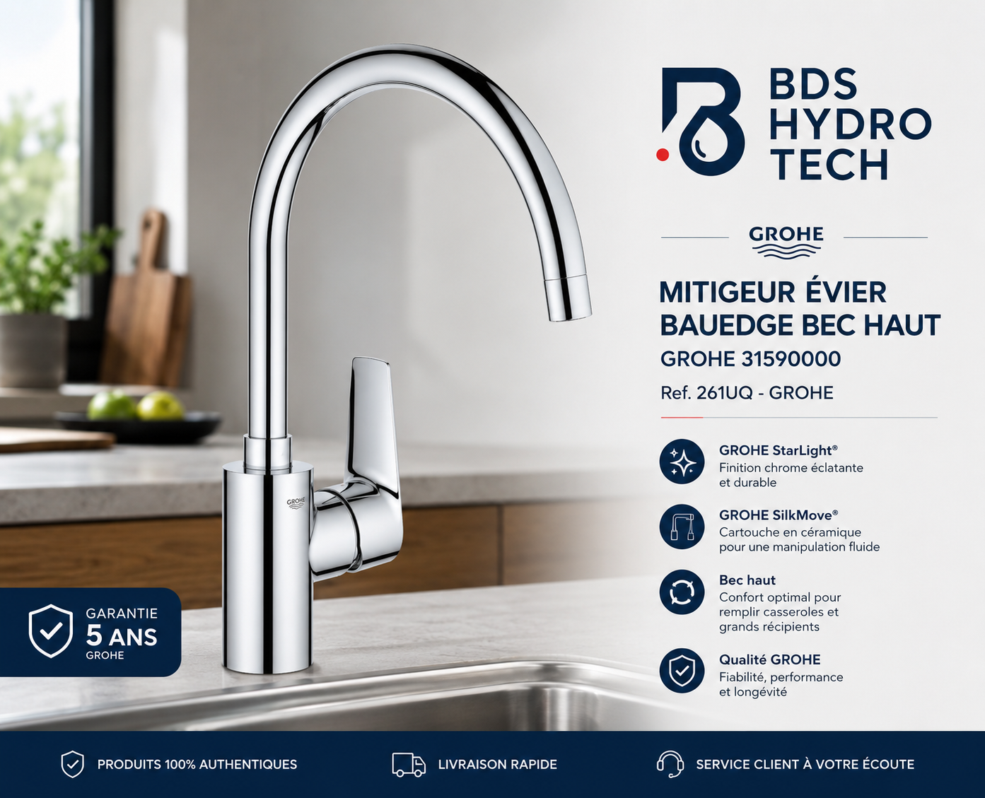 Mitigeur Évier BauEdge Bec Haut GROHE 31590000