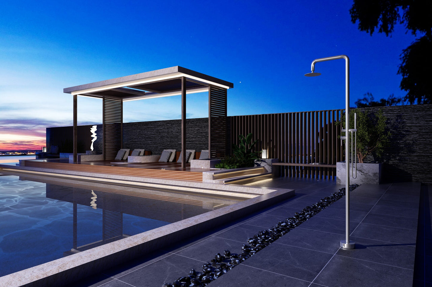Douche extérieure Florida en acier inoxydable 316 en ambiance piscine