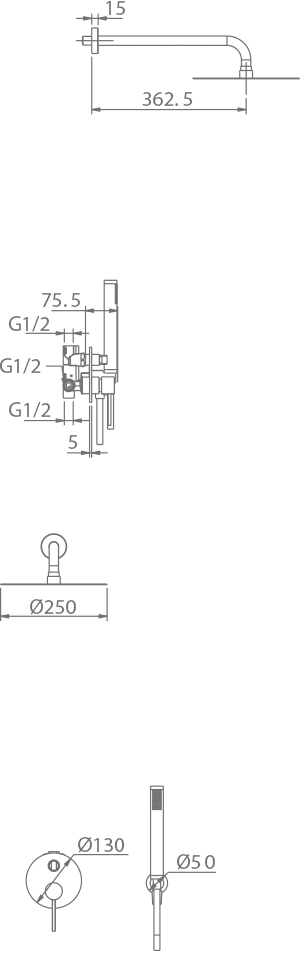 Dessin technique ensemble de douche encastré IMEX Milos Stick - GPMS045
