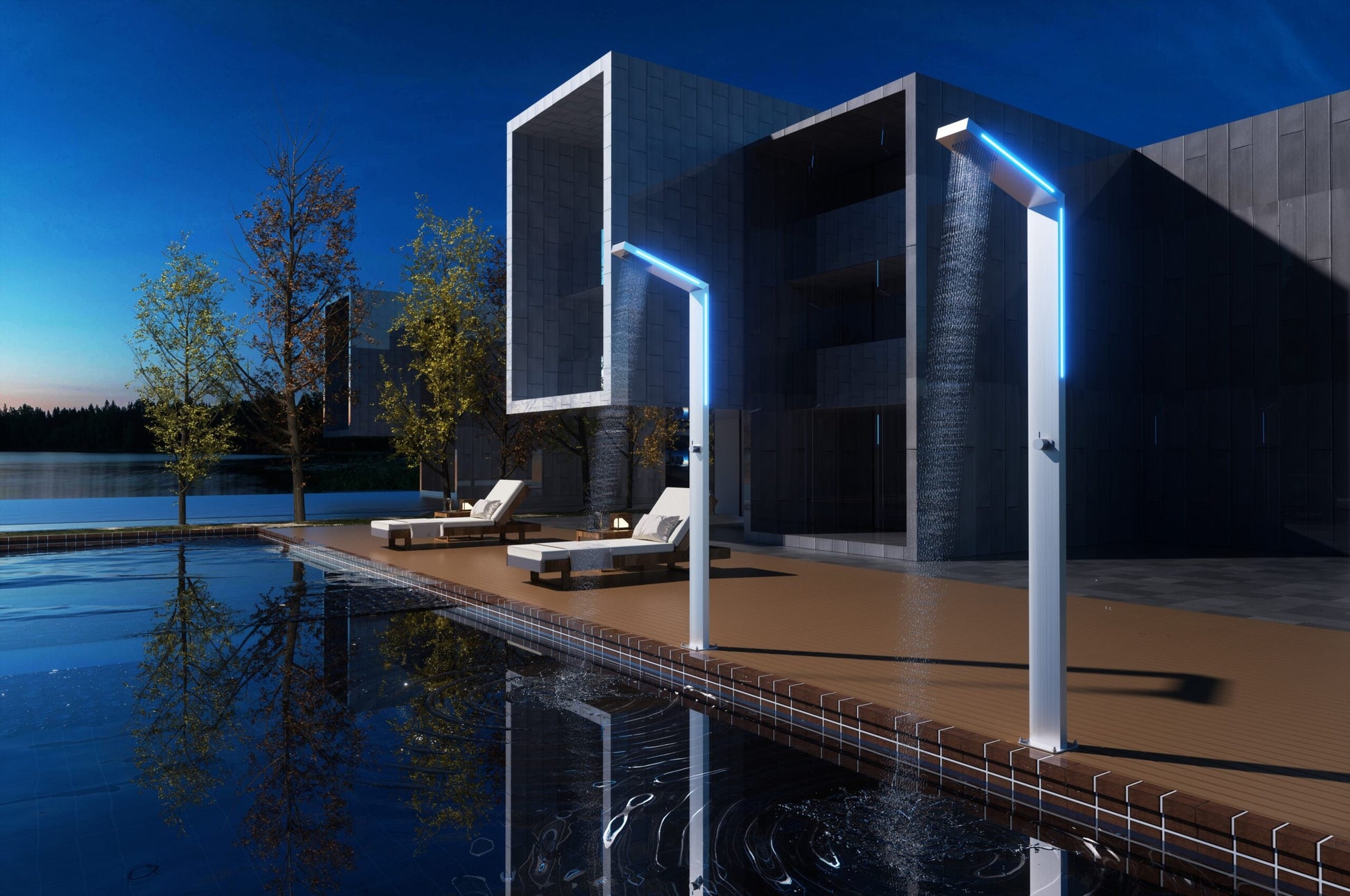 Douche extérieure Poolimex Sense LED en inox 316 en ambiance piscine