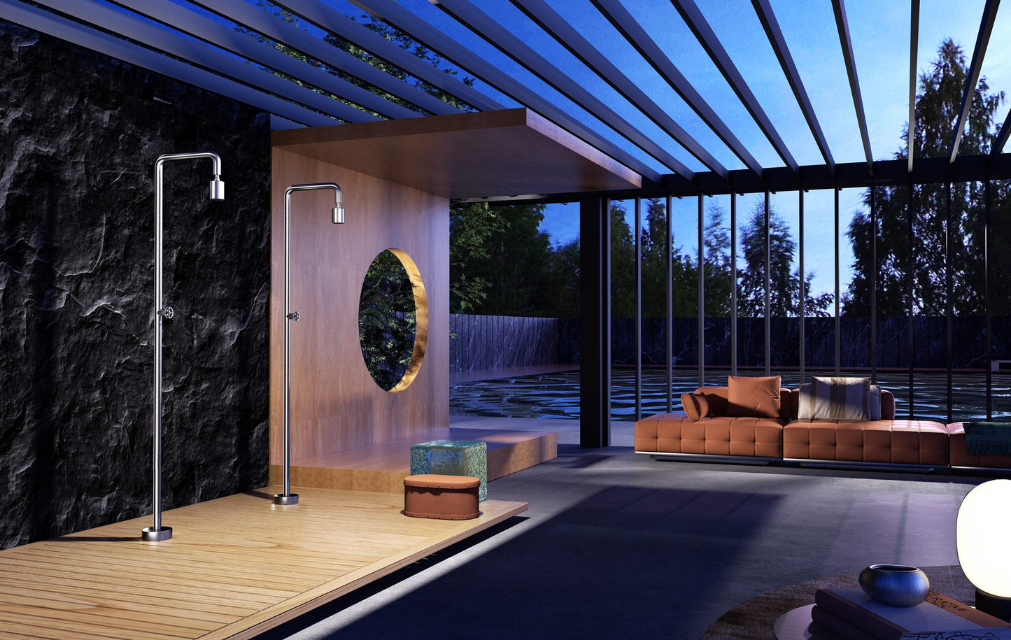 Douche extérieure Pool en acier inoxydable 316 au bord d’une piscine