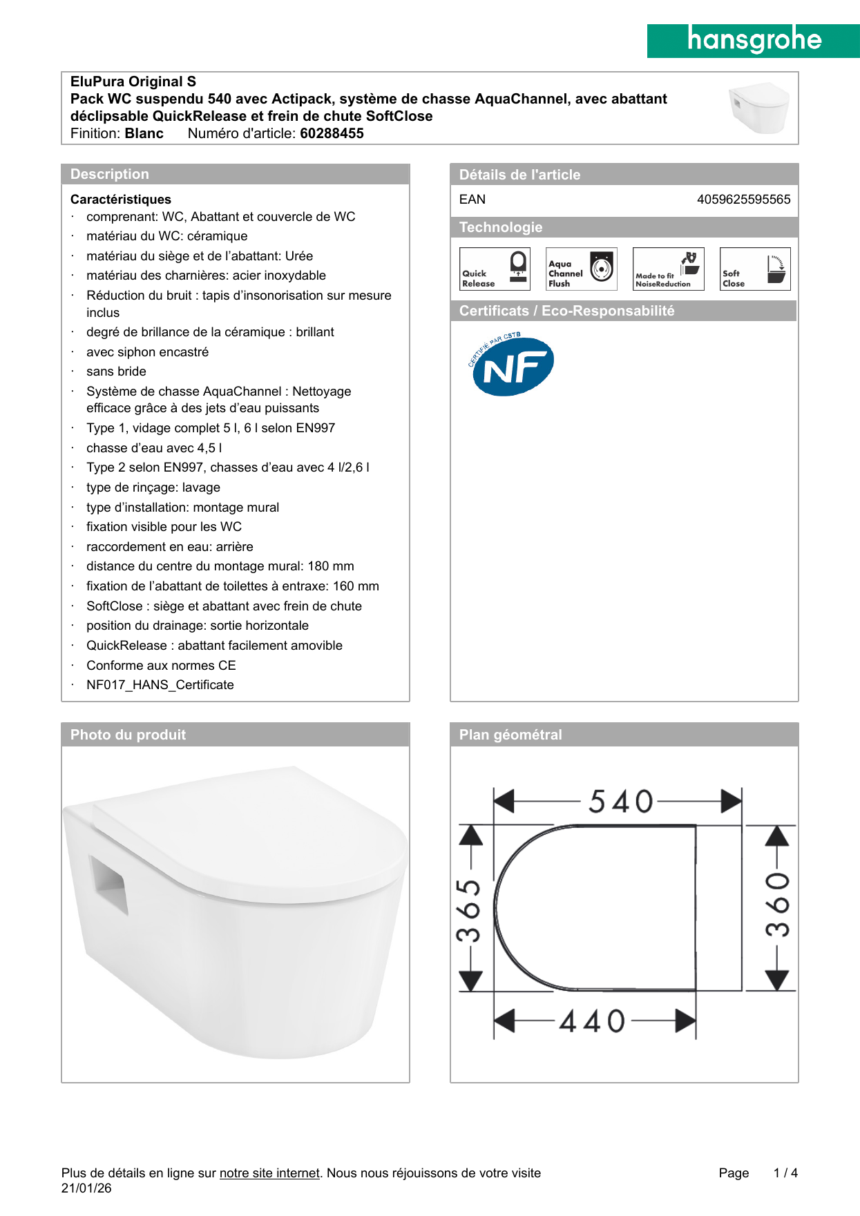 Fiche technique Hansgrohe EluPura Original S 540 60288455