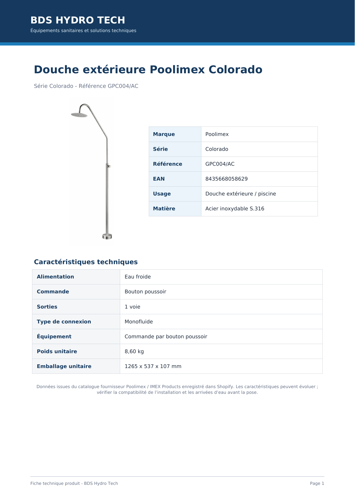 Fiche technique Poolimex Colorado GPC004/AC