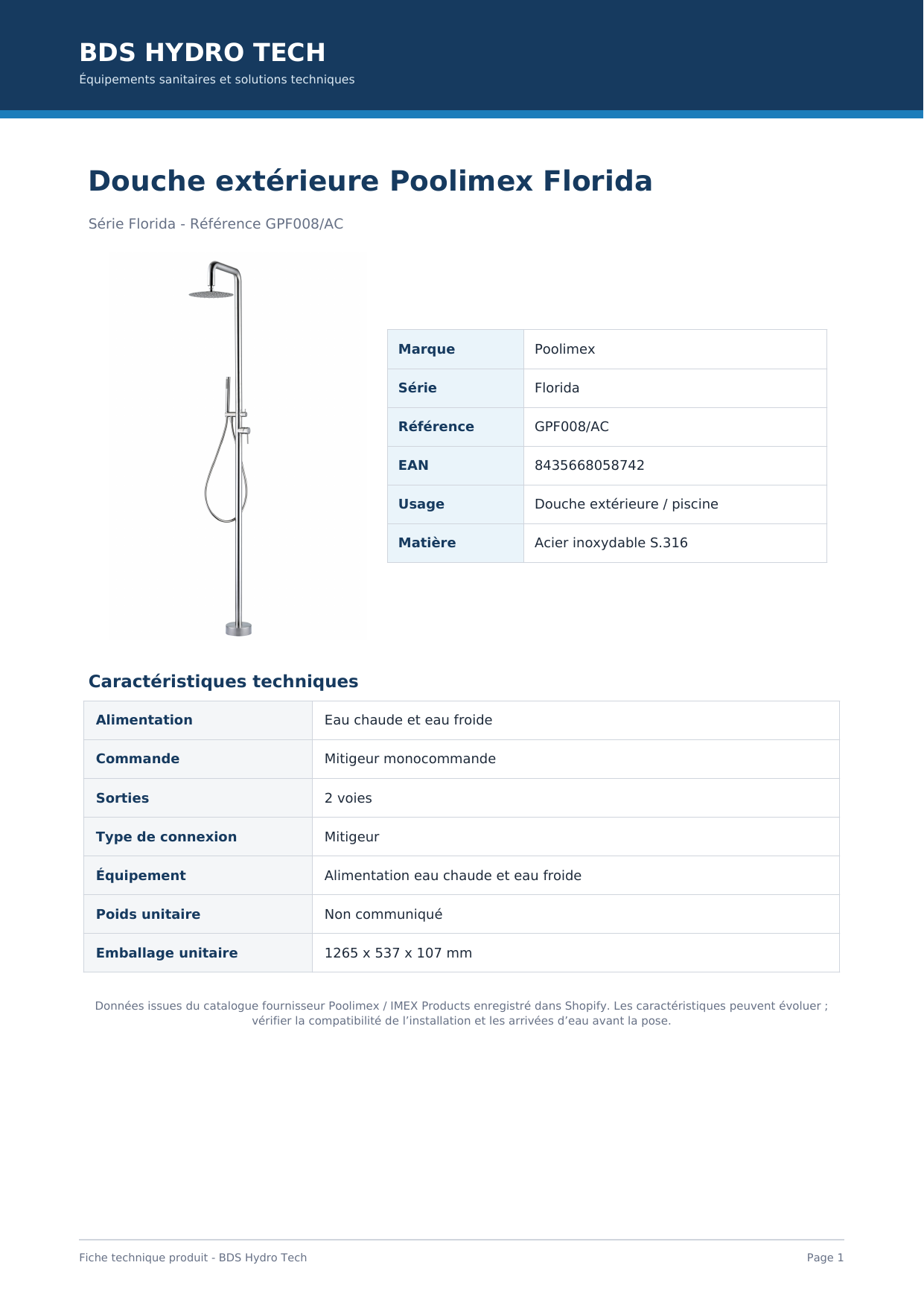 Fiche technique douche extérieure Poolimex Florida GPF008 AC
