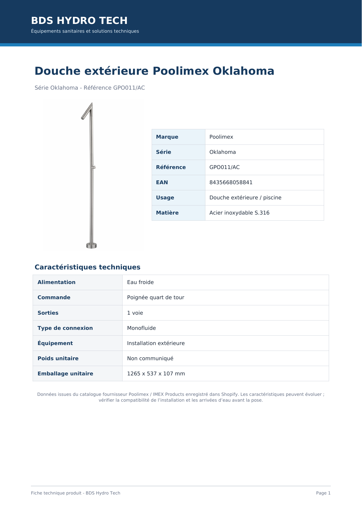 Fiche technique douche extérieure Poolimex Oklahoma GPO011 AC