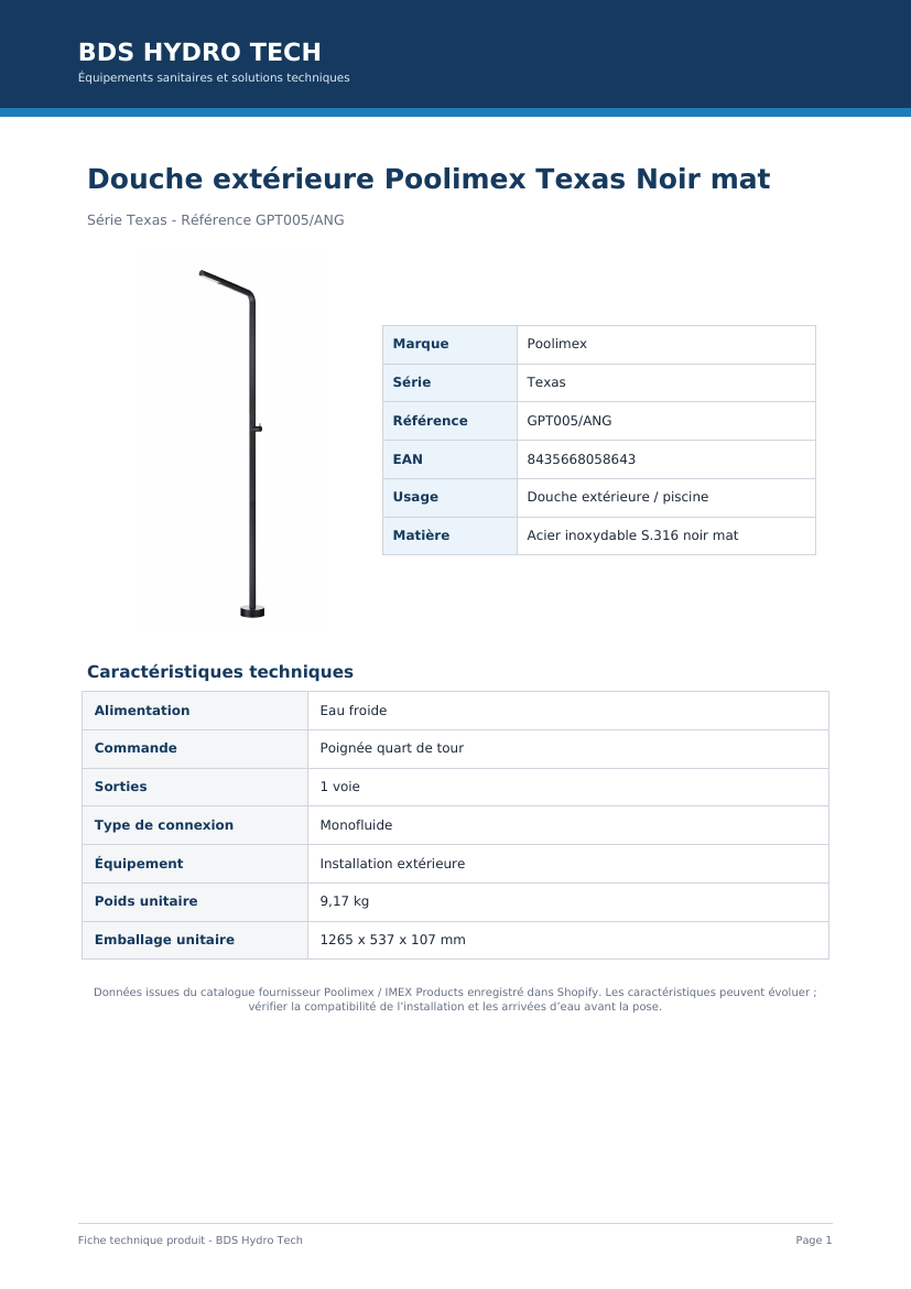 Fiche technique Poolimex Texas Noir mat GPT005/ANG