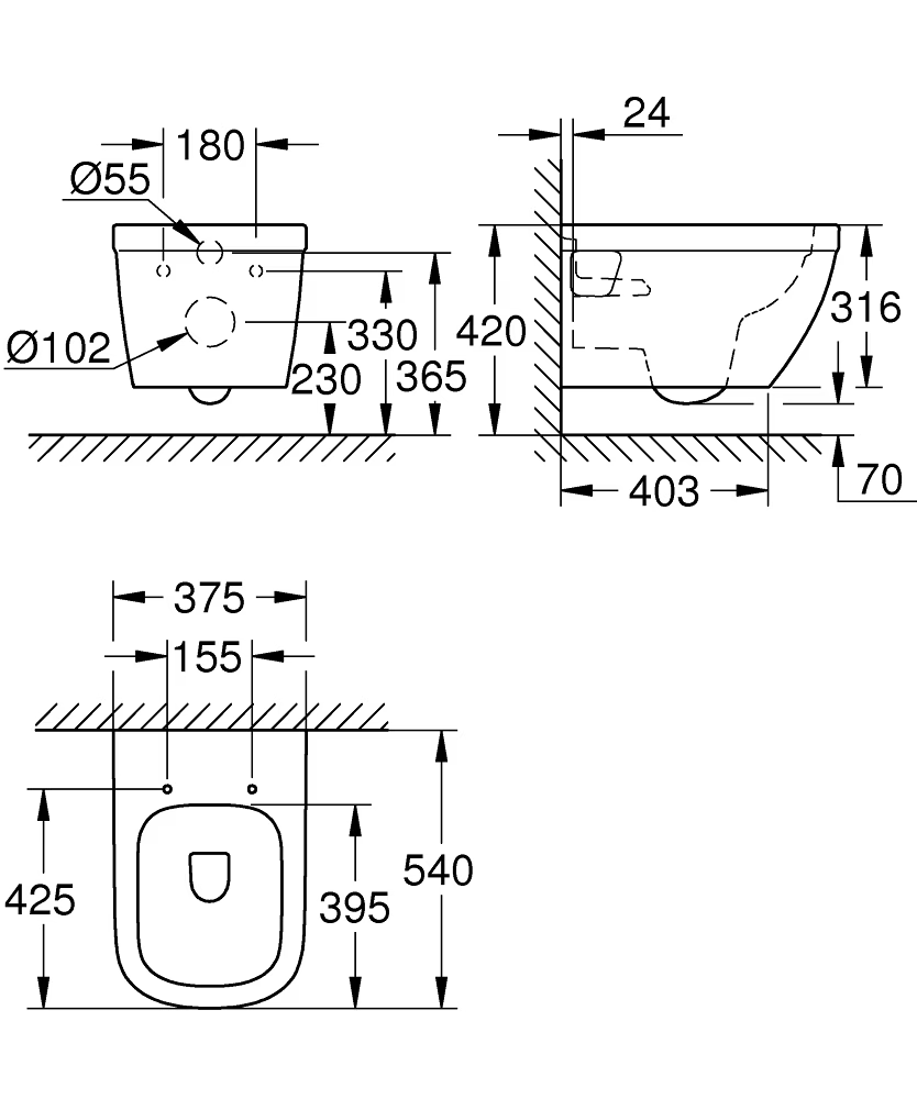 Plan coté de la cuvette suspendue GROHE Euro Ceramic 39538000