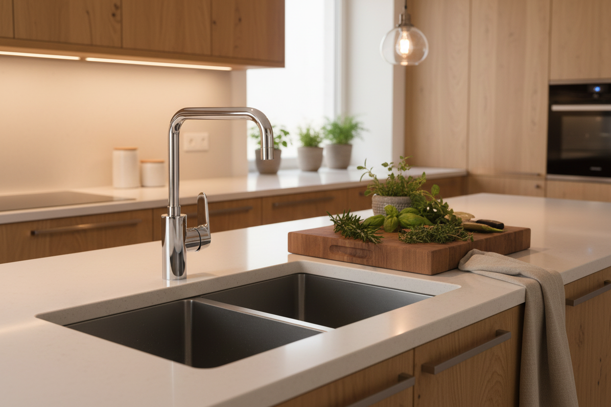 Cuisine équipée d'un évier double en inox avec un mitigeur GROHE Eurodisc Cosmopolitan en chrome brillant, moderne et pratique
