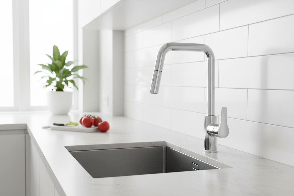 Vue d'ensemble d'un évier de cuisine avec robinet GROHE Eurosmart en finition chromée, installation moderne et fonctionnelle.