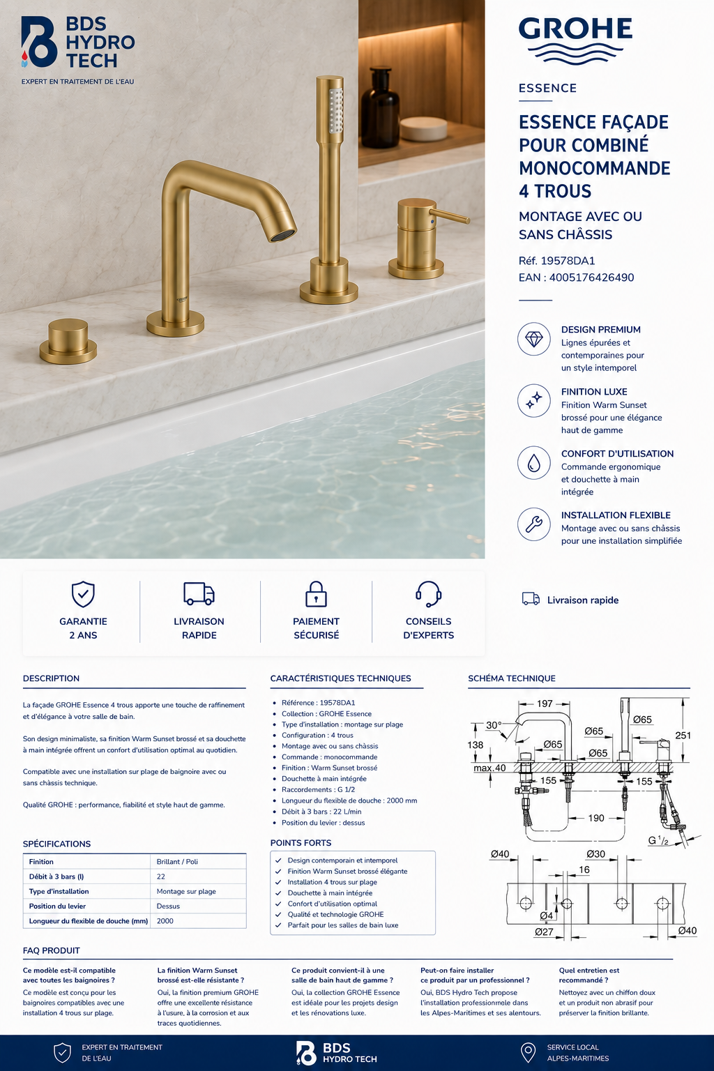 GROHE Essence Façade Combiné Monocommande 4 Trous – Warm Sunset Brossé