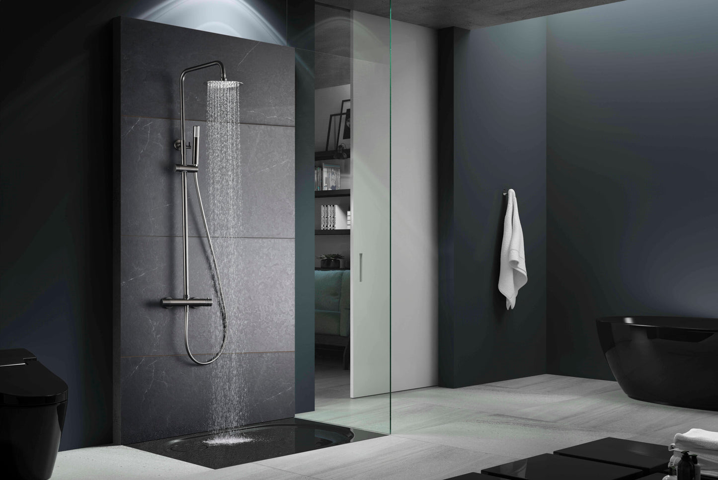 Colonne thermostatique IMEX Monza black gun metal en ambiance de salle de bain