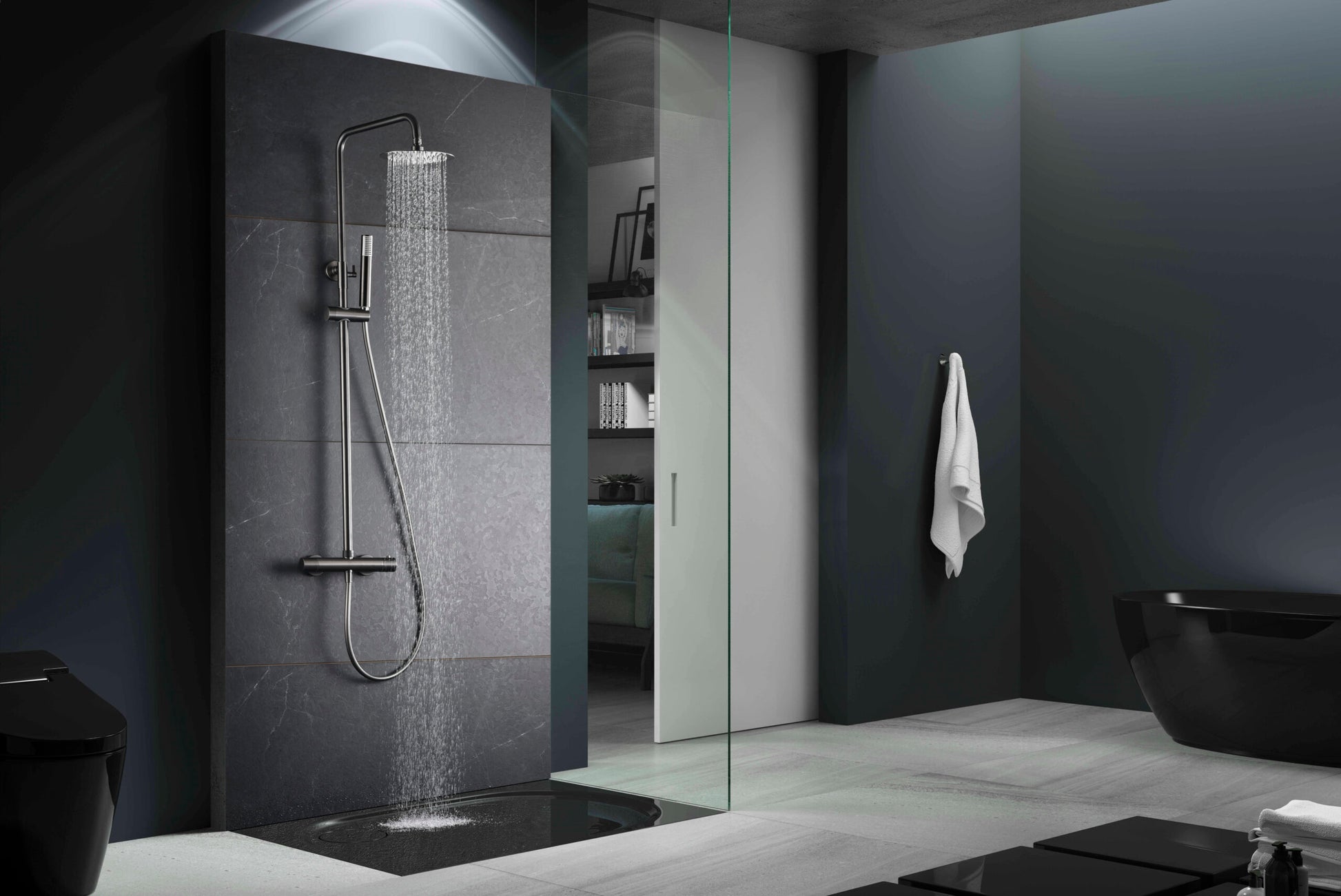 Colonne thermostatique IMEX Monza black gun metal en ambiance de salle de bain