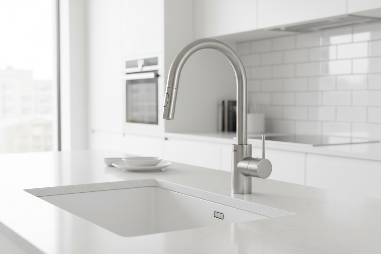 Vue du mitigeur GROHE Concetto en acier brossé installé dans une cuisine blanche moderne avec évier intégré.