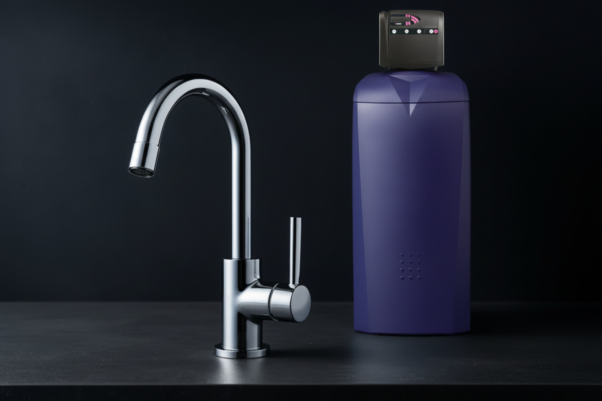 Robinet chromé avec adoucisseur BWT violet-bleu